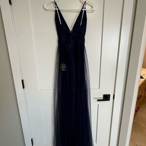 Elegant Navy V-Neck Tulle Evening Dress for Women